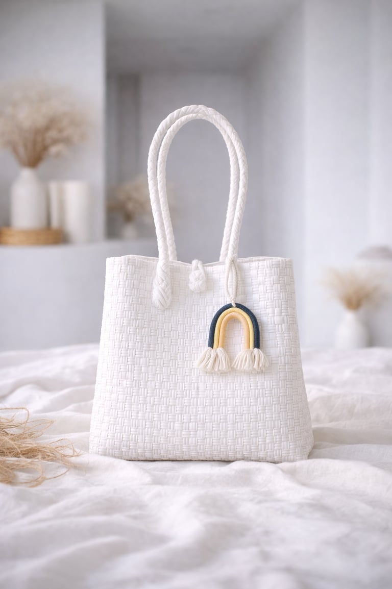 Handwoven white plastic tote bag handmade from recycled materials by Indonesian artisans
