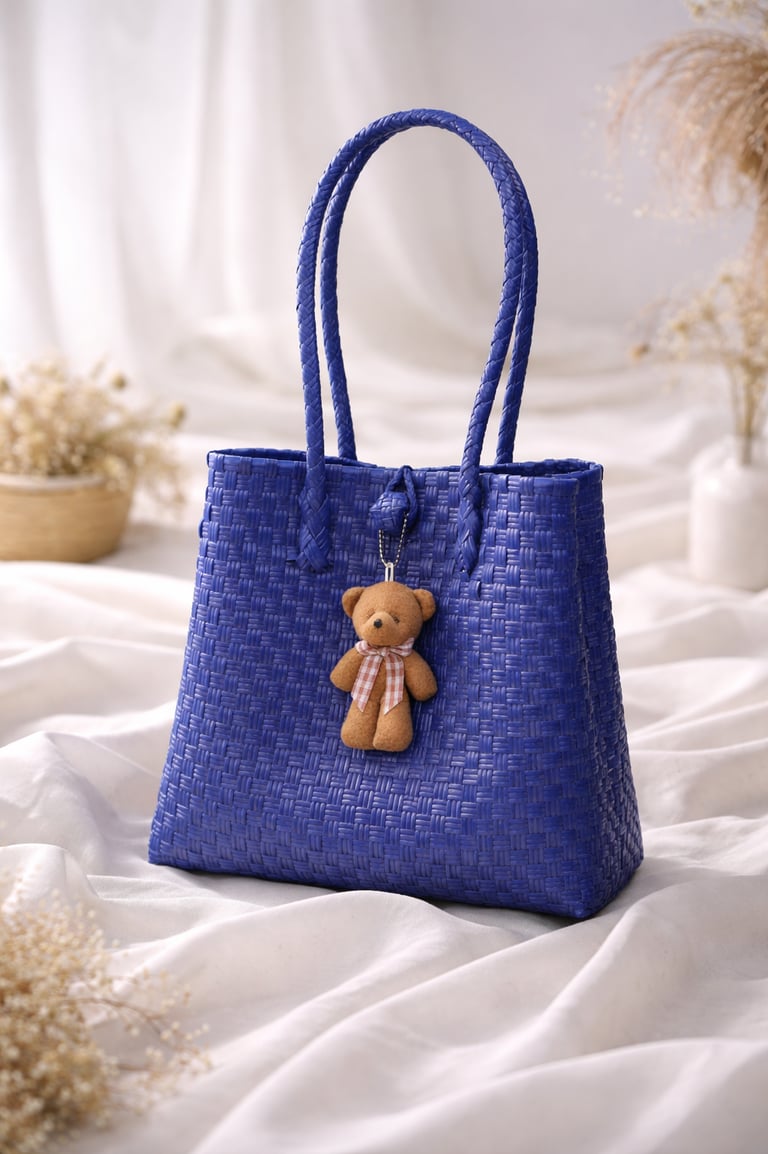 Navy woven plastic tote bag handmade eco friendly Indonesian craft