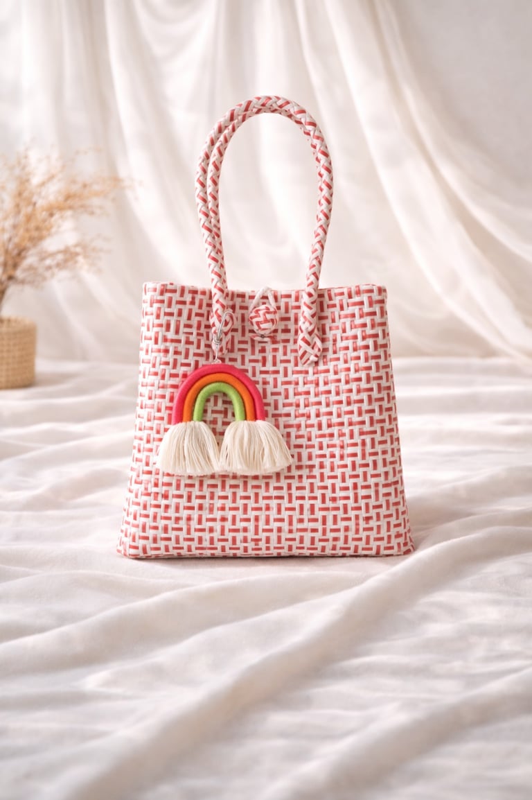 White red woven plastic tote bag handmade from recycled plastic by Craftvitas Indonesia