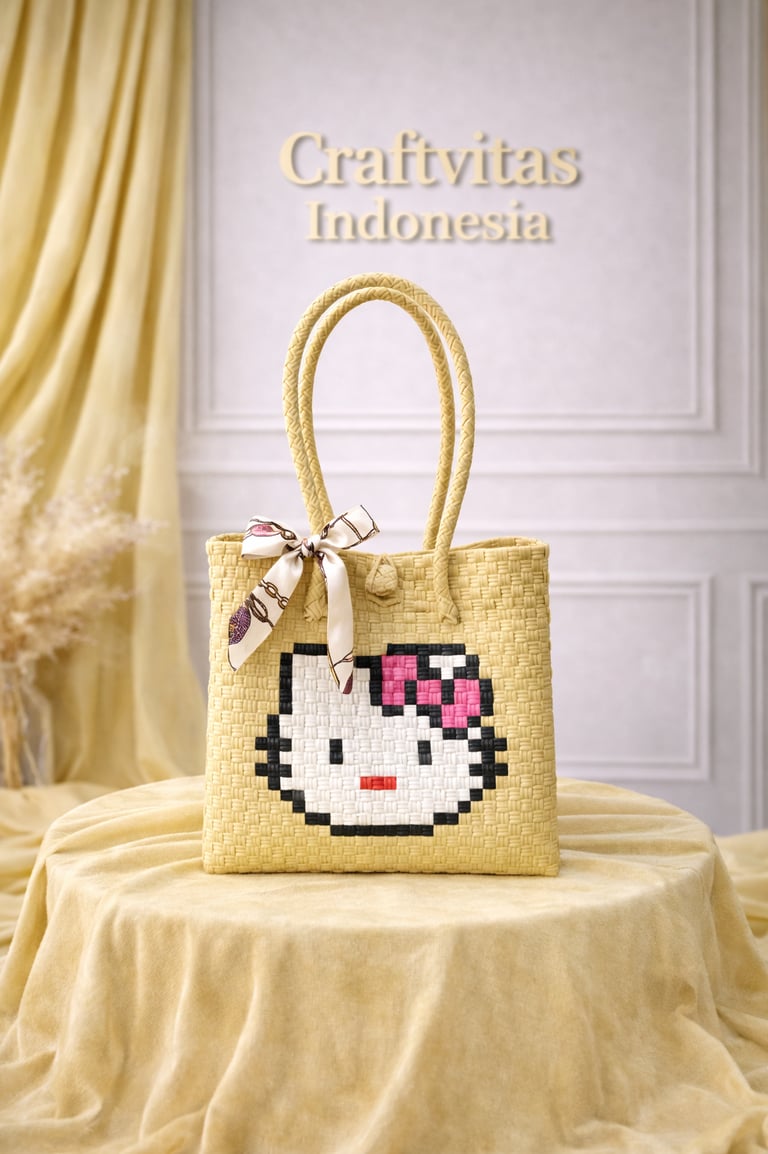 Cream handwoven plastic tote bag with cat character, handmade recycled plastic character bag