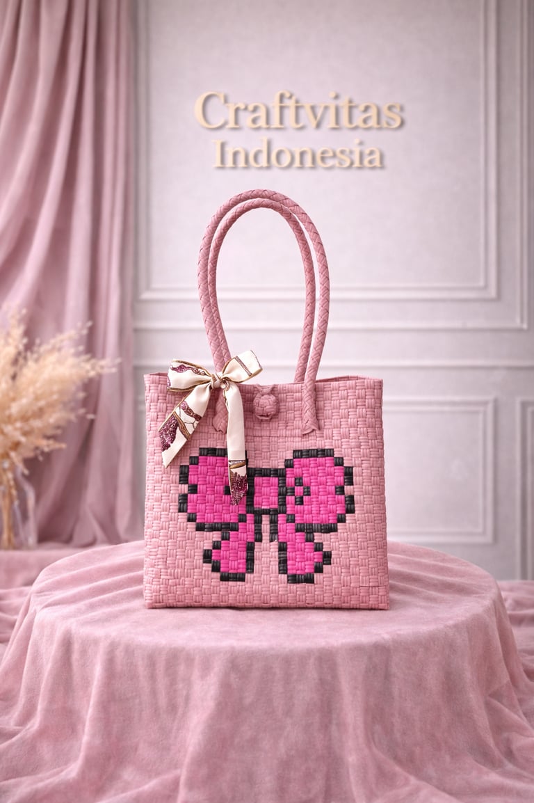 Handwoven pink plastic tote bag with butterfly character, handmade eco friendly bag from Indonesia