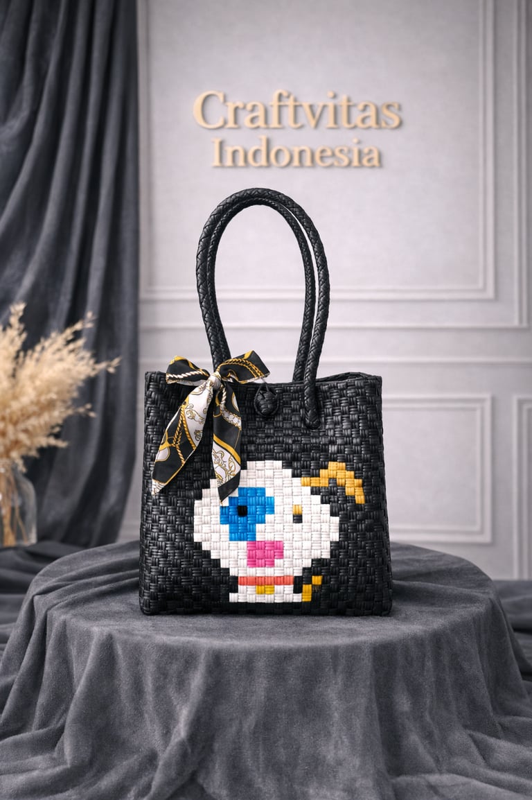 Handmade black plastic woven tote bag with cute dog character, eco friendly Indonesian craft