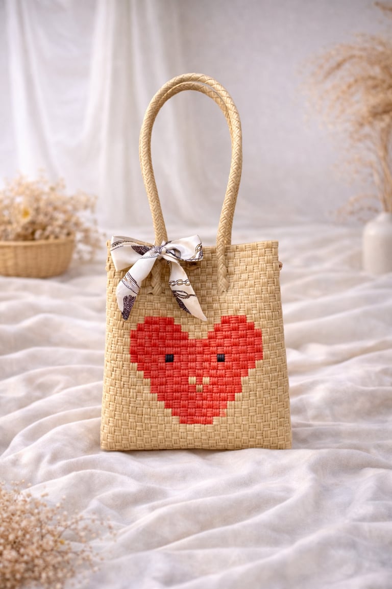 Handwoven brown plastic tote bag with heart character design, handmade eco friendly tote