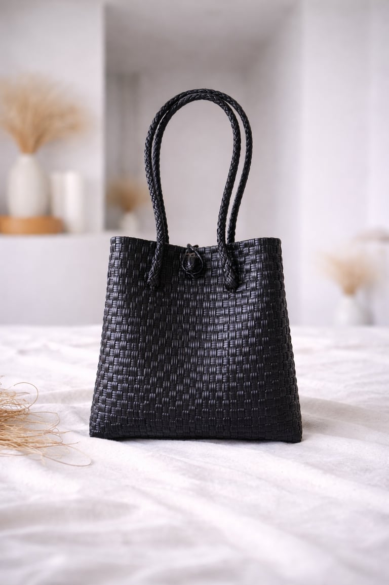 Handwoven black plastic tote bag handmade from recycled materials by Indonesian artisans