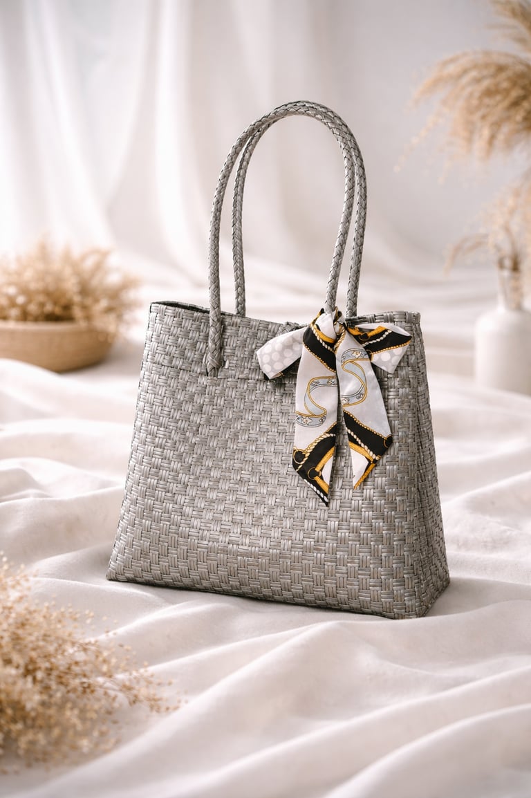 Silver woven plastic tote bag handmade from recycled plastic Indonesia