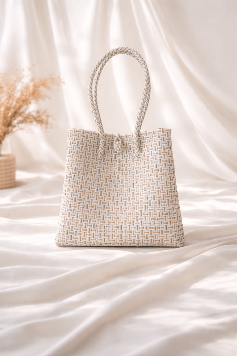 White gold woven plastic tote bag handmade using recycled plastic from Indonesia