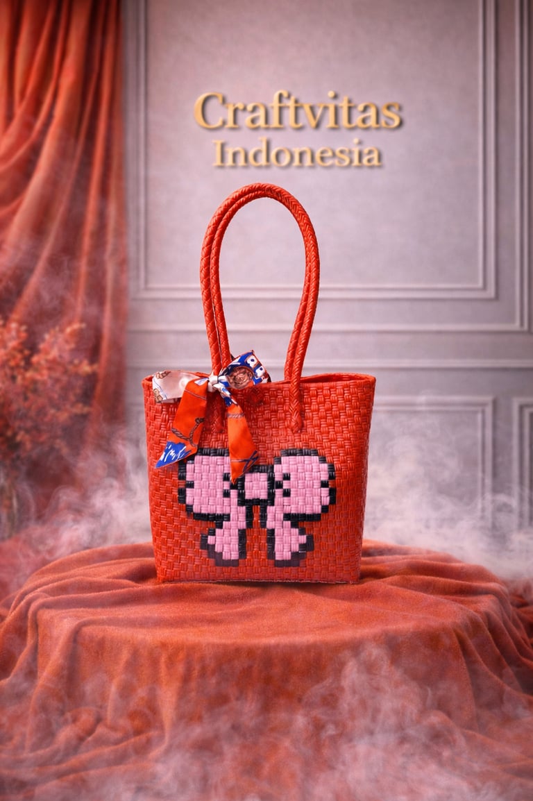 Red handwoven plastic tote bag with bow character design, handmade recycled plastic bag from Indonesia
