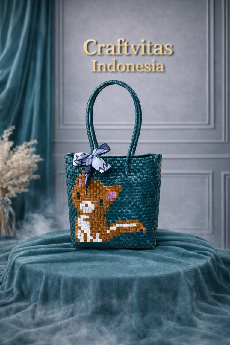 Dark green handwoven plastic tote bag with cute cat character, handmade eco friendly tote bag