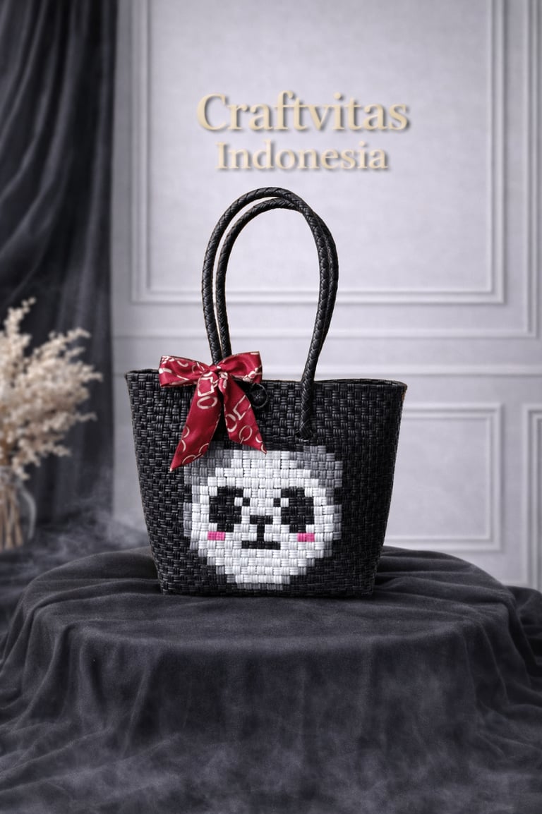 Cute black handwoven plastic tote bag with character pattern, handmade recycled plastic bag
