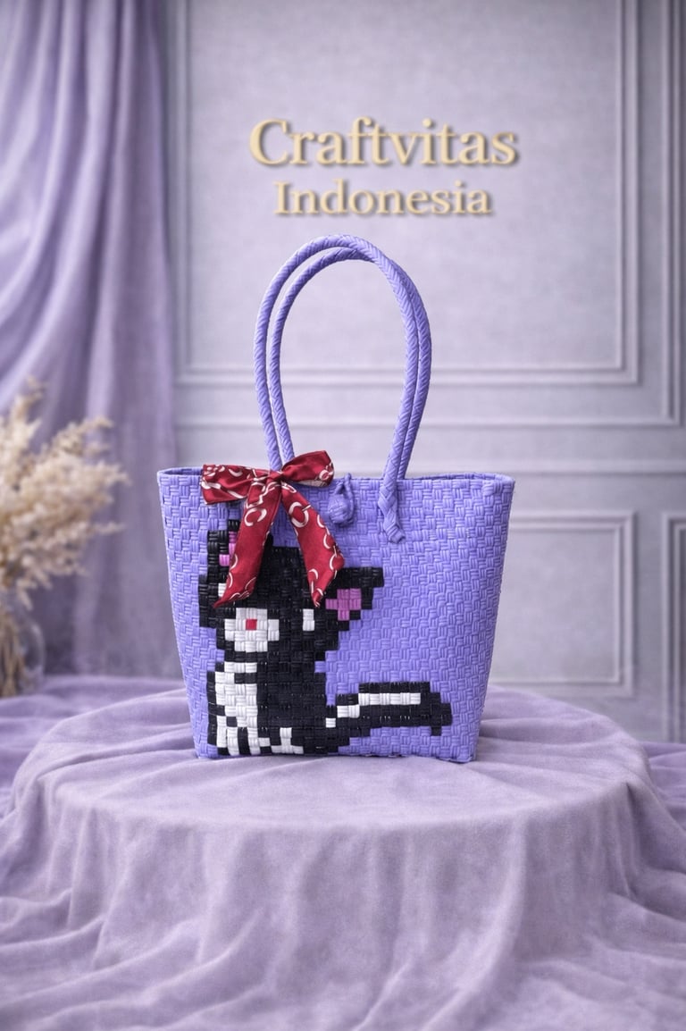 Purple handwoven plastic tote bag with cat character, handmade eco friendly women bag
