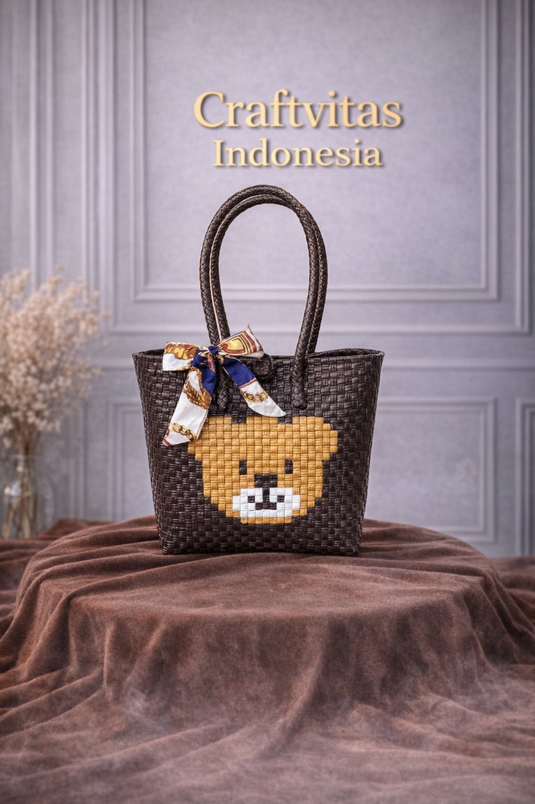 Brown handwoven plastic tote bag with bear character design, handmade sustainable tote bag