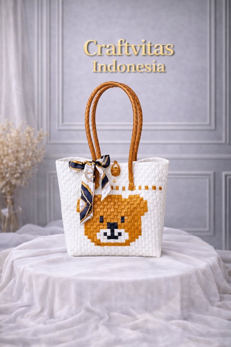 White and brown handwoven plastic tote bag with bear character, handmade eco friendly bag