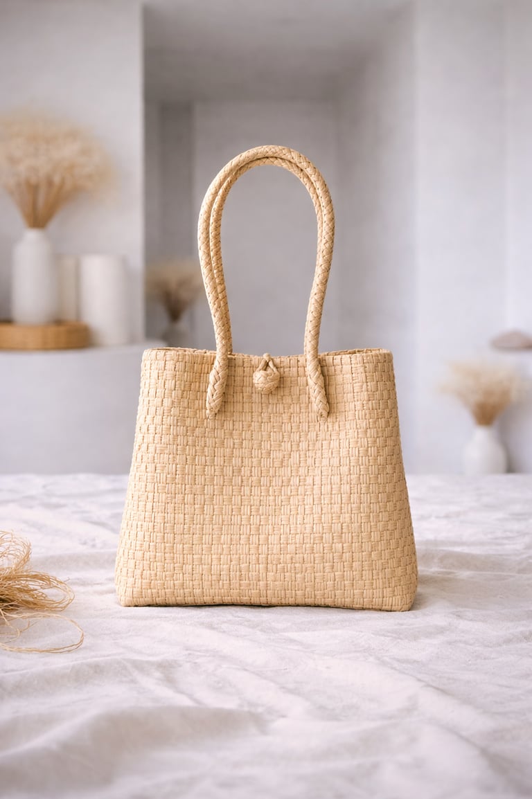 Handwoven cream plastic tote bag handmade from recycled materials by Indonesian artisans