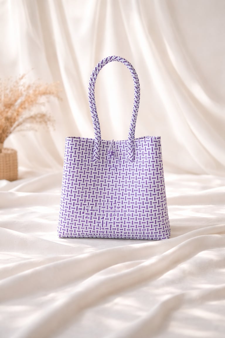 White purple woven plastic tote bag handmade eco friendly from Indonesia