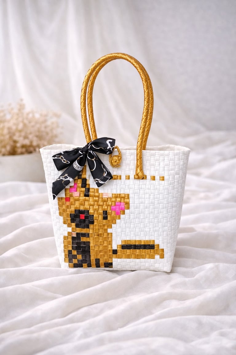 White handwoven plastic tote bag with brown dog character, handmade eco friendly woven bag