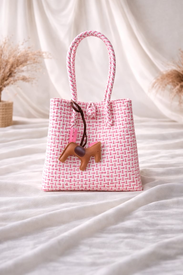 White pink woven plastic tote bag handmade from recycled plastic by Craftvitas