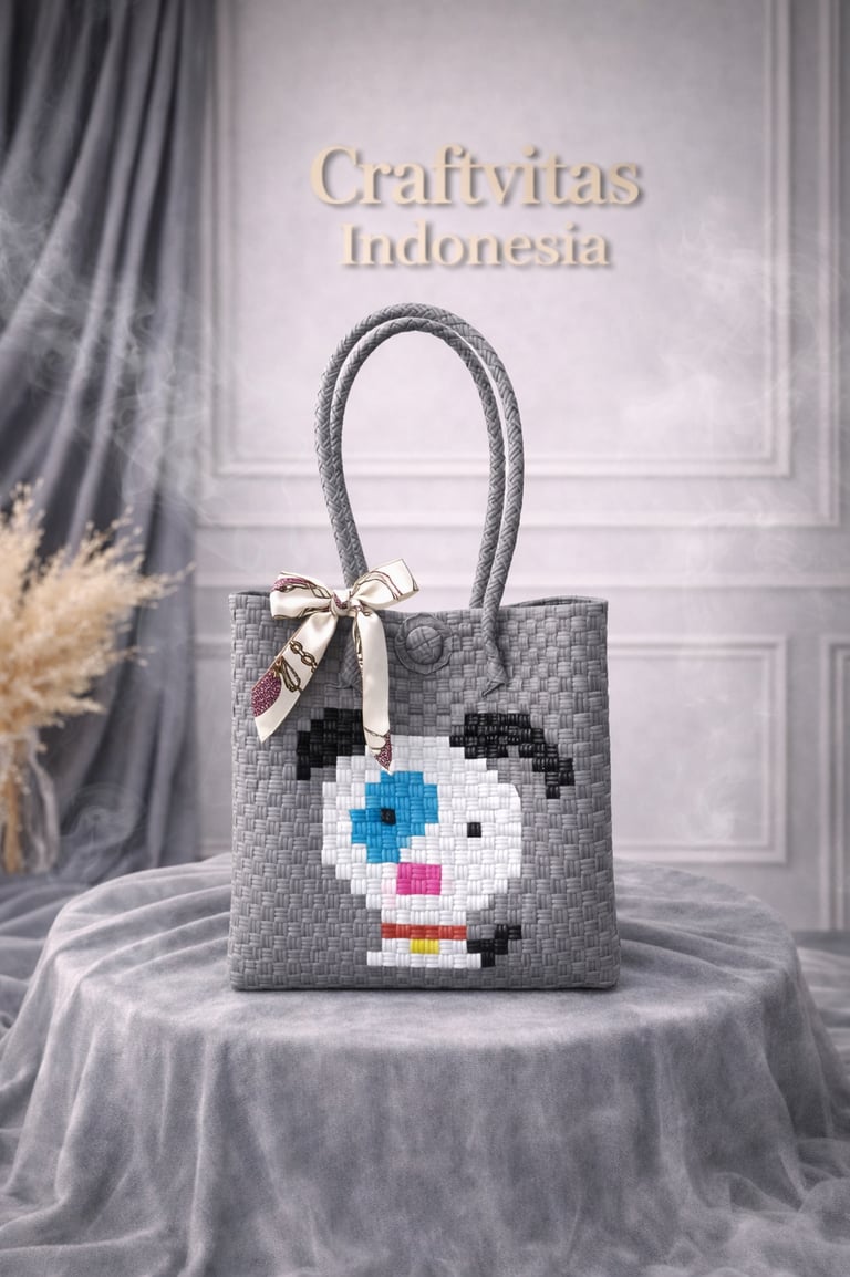 Grey handwoven plastic tote bag with dog character, handmade eco friendly woven bag