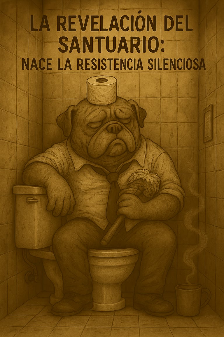 Perro bulldog con camisa y corbata, sentado en un inodoro con un rollo de papel higiénico como coron