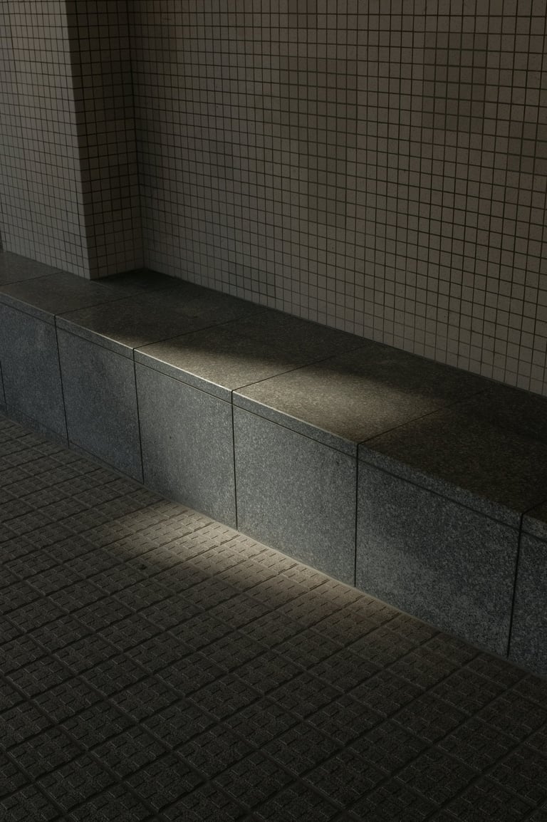 Sunlight casting shadows on a concrete tiled seating area and wall.