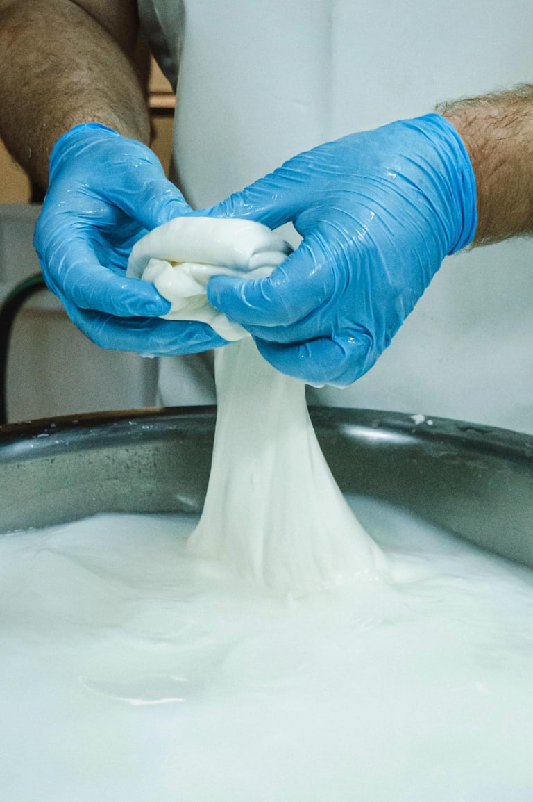 A chef in blue gloves stretching fresh mozzarella cheese over a traditional whey bath.