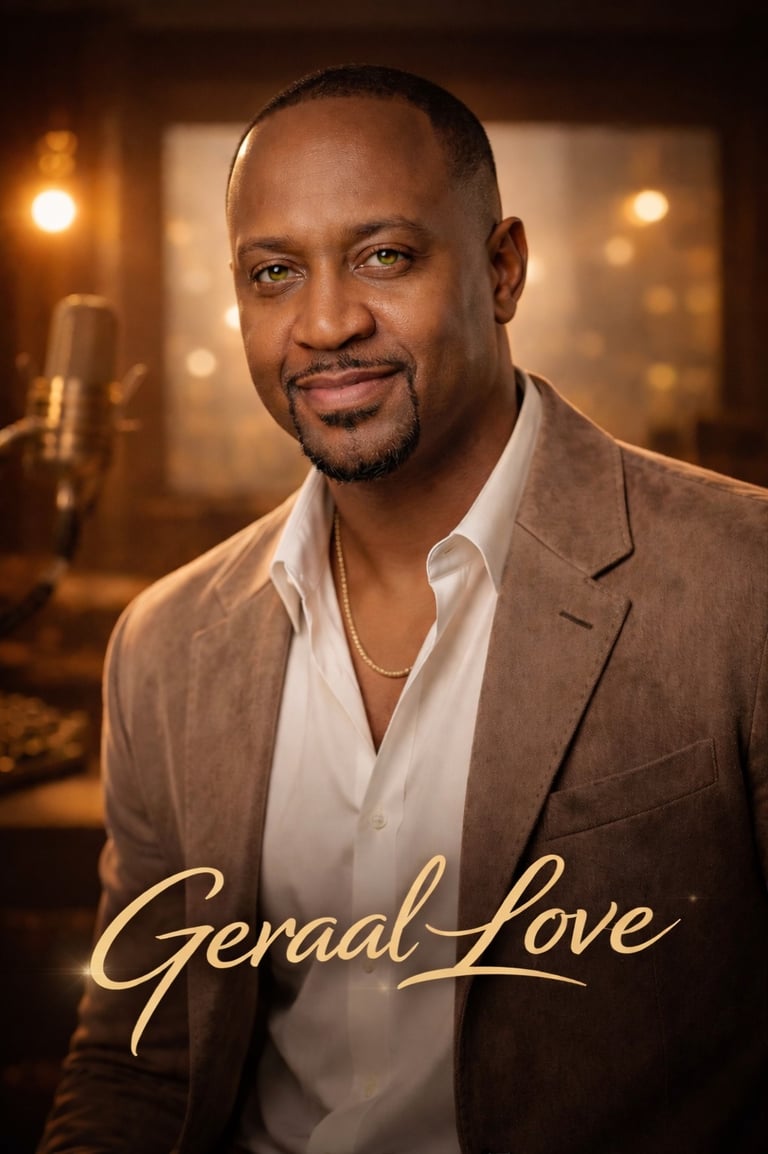 Portrait of Geraal Love wearing a blazer in a recording studio with a vintage microphone.