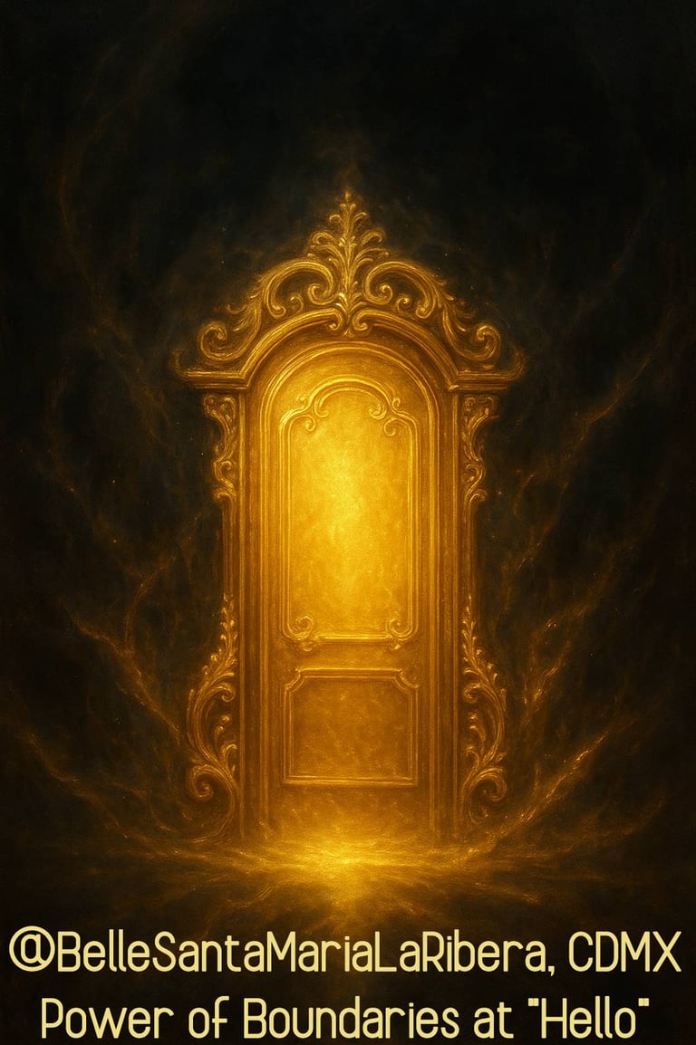 Golden sacred door glowing with light, teaching boundaries from the first glance. Dating coaching.