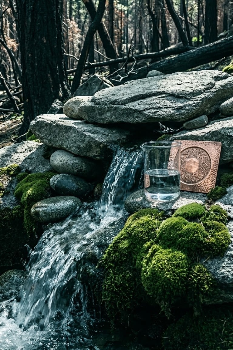 Glass of clean spring water showing 0.11 NTU clarity and natural mineral purity.