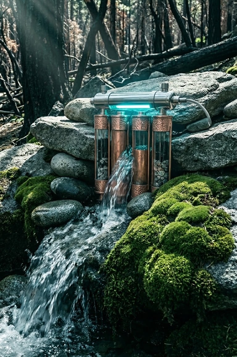 Pure spring water with sediment filtration and UV safety guard protection for safety.