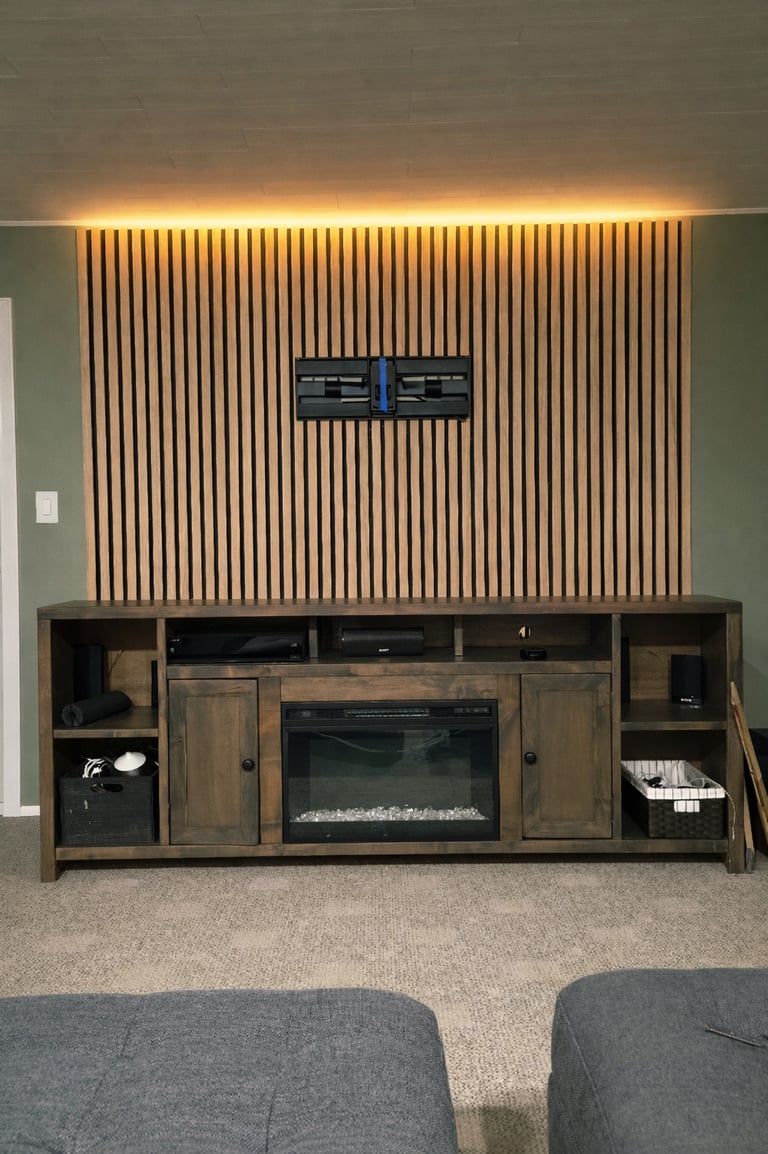 Rustic wood entertainment center with electric fireplace below a vertical slat accent wall with LED lighting.
