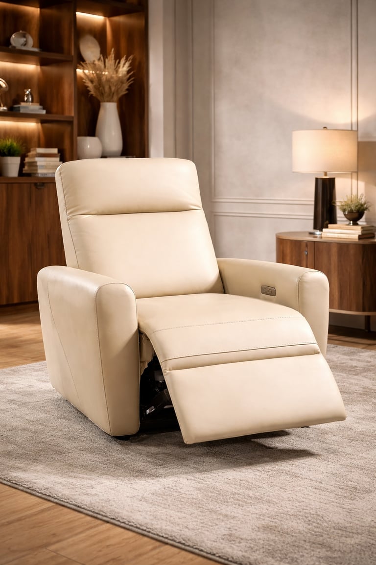 Modern cream leather power recliner chair in a cozy living room setting with elegant home decor.