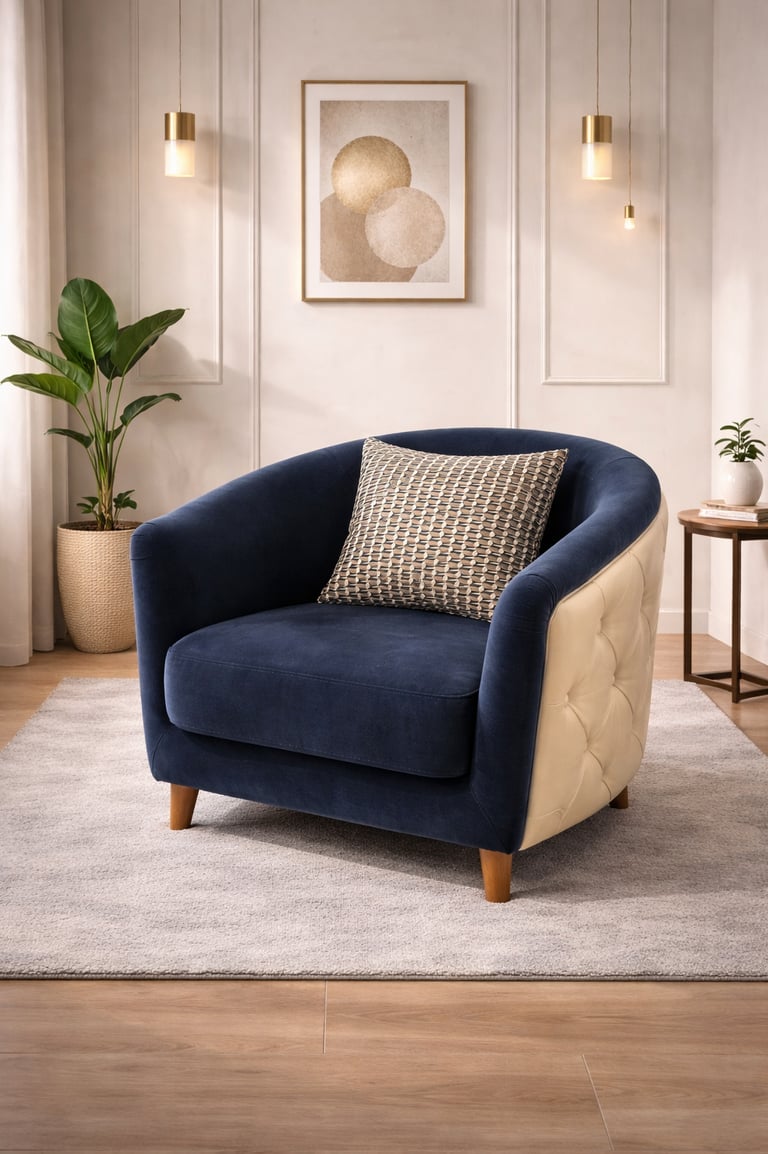 Modern navy blue velvet barrel chair with tufted cream backrest on a gray area rug.
