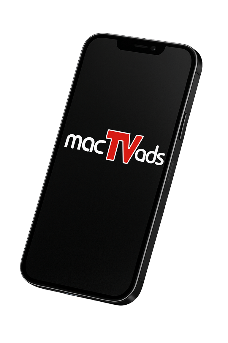 A smartphone with a black screen apart from a logo showing, "macTVads"