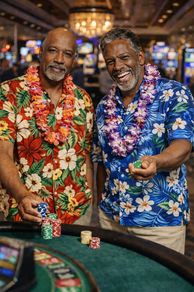 two black men in hawaiian shirt at a casino table
