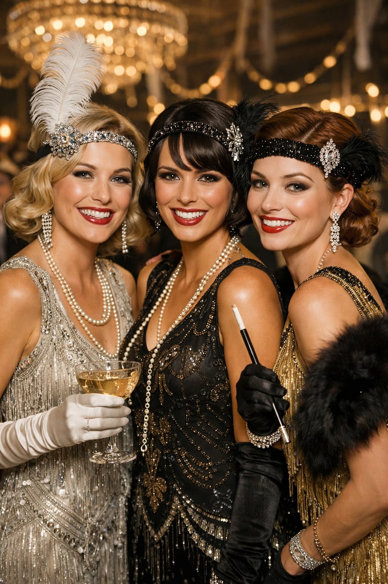 Three pretty women in 1920s flapper dresses