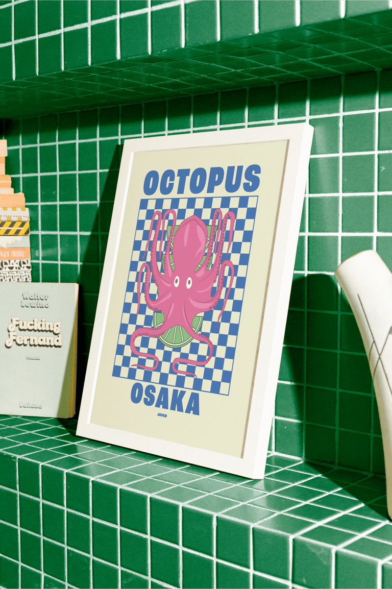 Poster Octopus Osaka Sur fond carreaux vert