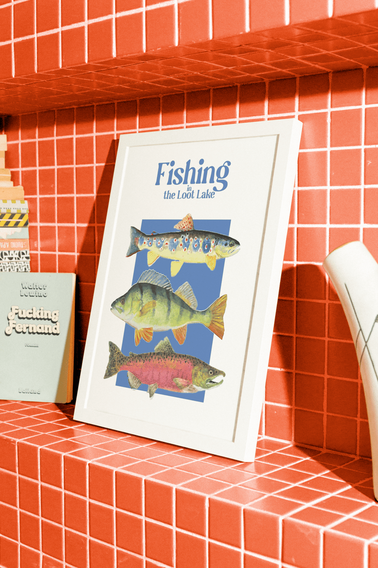 Poster Fishing in the loot lake orange tiles background