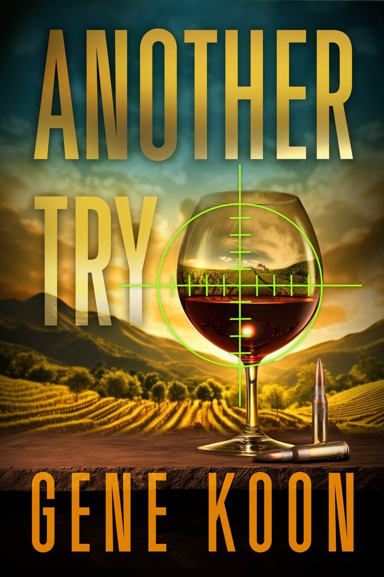 a wine glass with a sniper's scope. Gene Koon's exciting new thriller, ANOTHER TRY