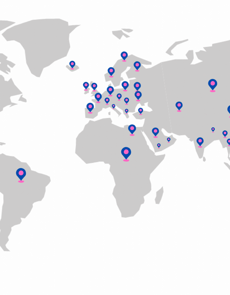 "An interactive map illustrating the global network of a company or service, highlighting regions