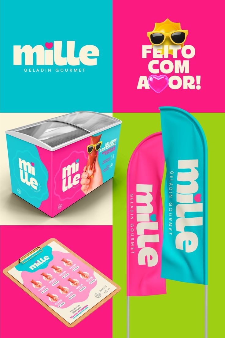 Mille Geladin Gourmet branding including ice cream freezer, flags, and menu on a colorful background.