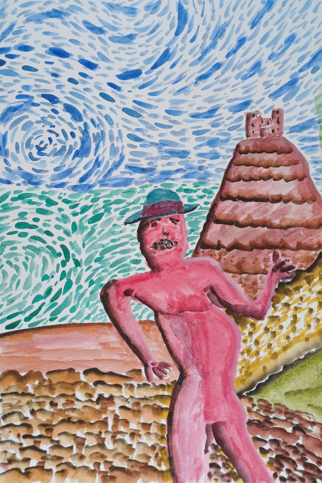 Scorch — sunburned figure on a beach beneath a swirling blue sky, watercolour, by Zanda