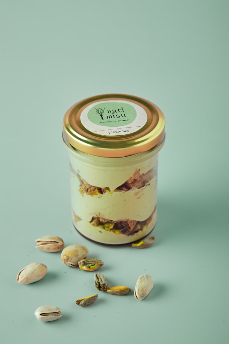 Nati Misu jar with pistacho flavoured tiramisu.