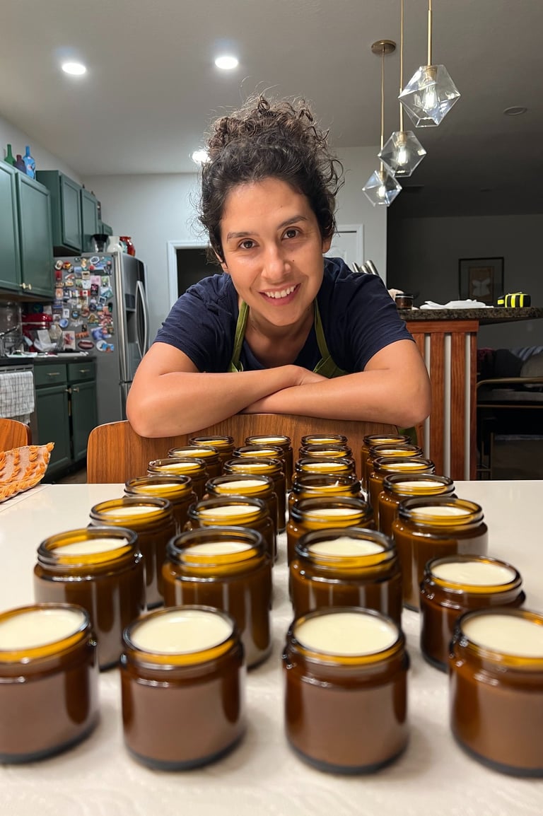 Marina from= vacaluna with freshly mafe whipped tallow cream in amber glass jars, natural small-batch skincare.