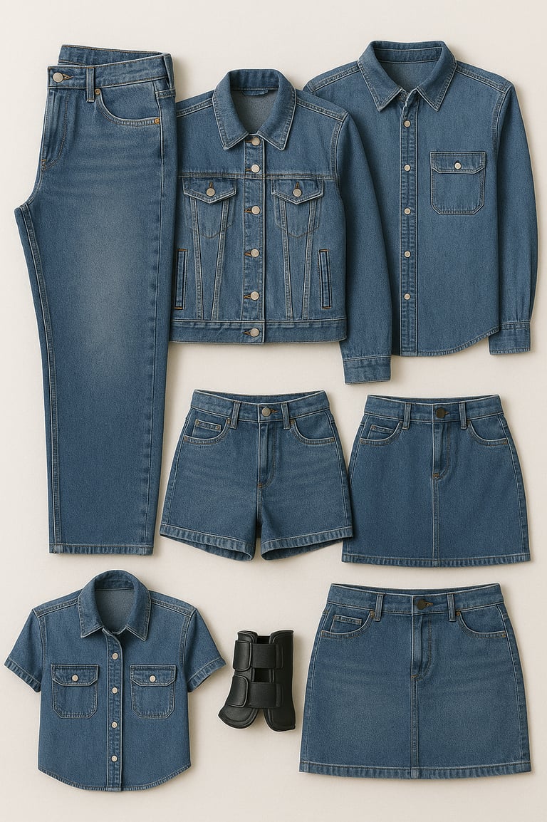 Denim garments including jeans, jackets and workwear