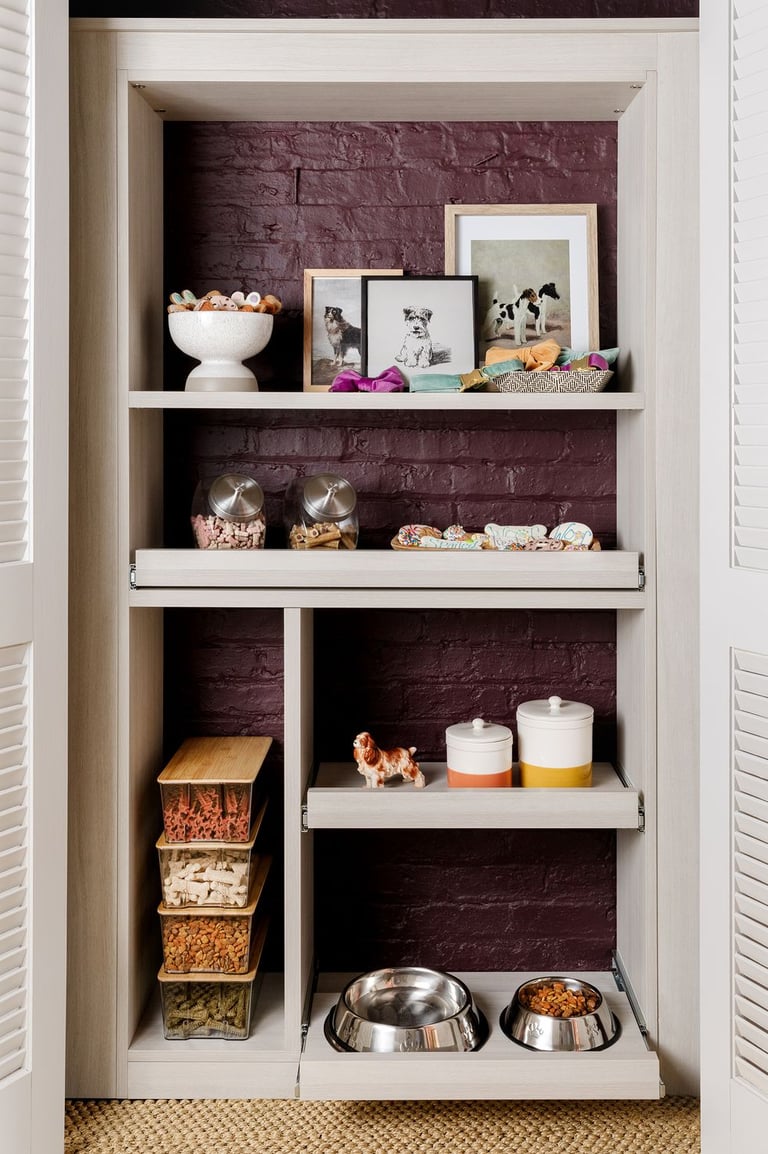 a kitchen with a brick wall and shelves with bowls of food