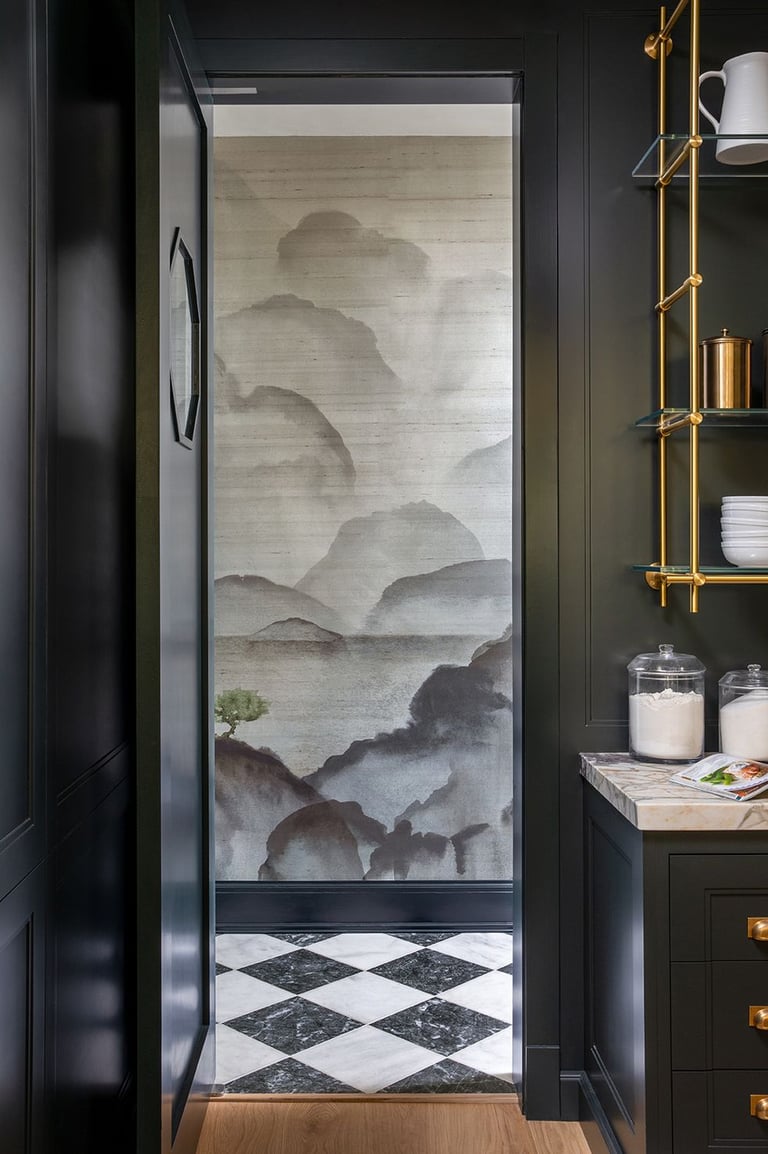 a kitchen with a black and white wallpaper and a black and white wallpaper