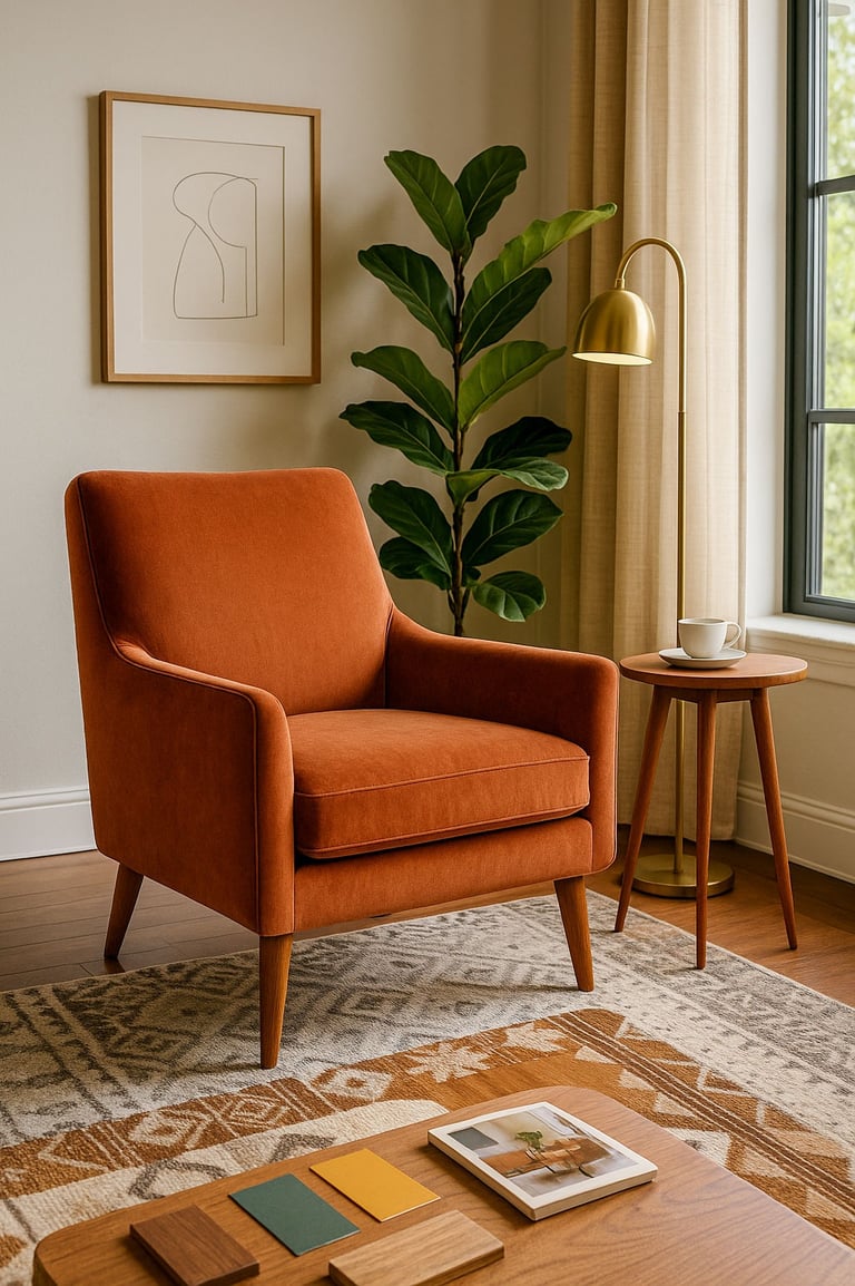 Rust-orange Mid-Century accent chair styled with lamp, art, and natural light