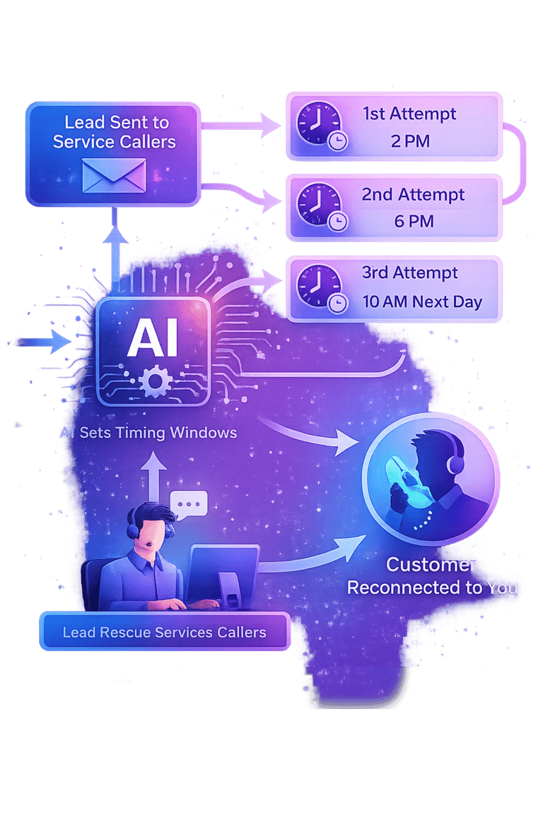 AI-powered lead rescue service infographic showing automated call scheduling and customer reconnection timing.