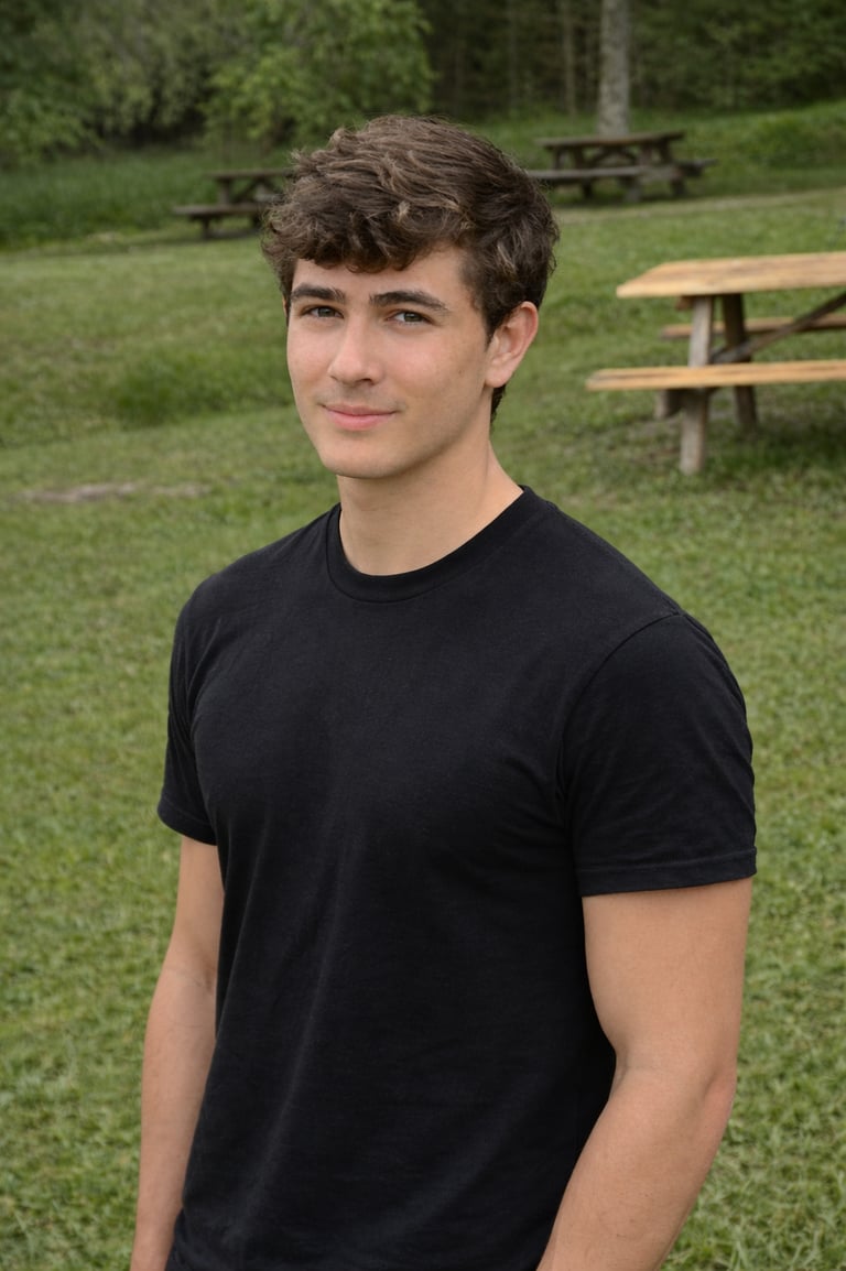 Young man with brown curly hair wearing a black t-shirt outdoors at a park with picnic tables.