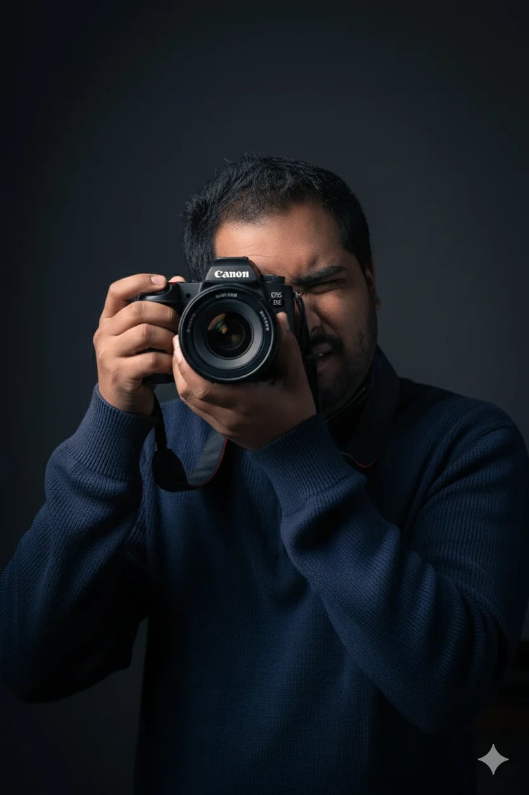 Professional photographer in a navy sweater intently framing a shot with a Canon mirrorless camera.