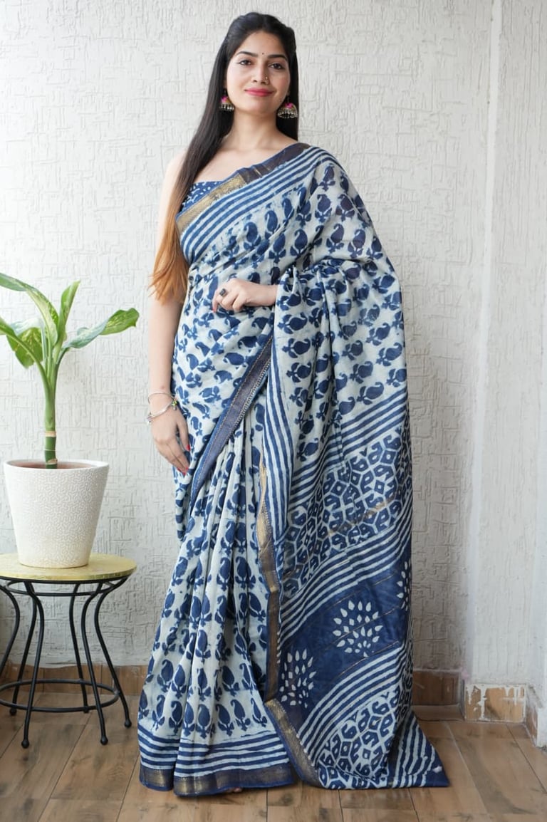 Natural indigo dyed Maheshwari silk saree with hand block print